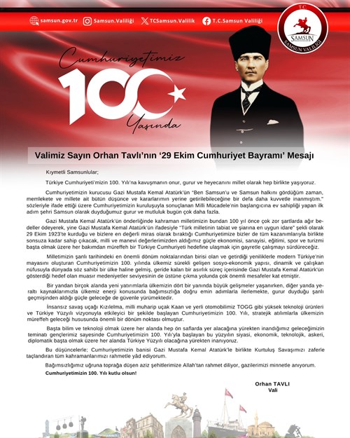 Valimiz Sayın Orhan Tavlı’nın 29 Ekim Cumhuriyet Bayramı Mesajı