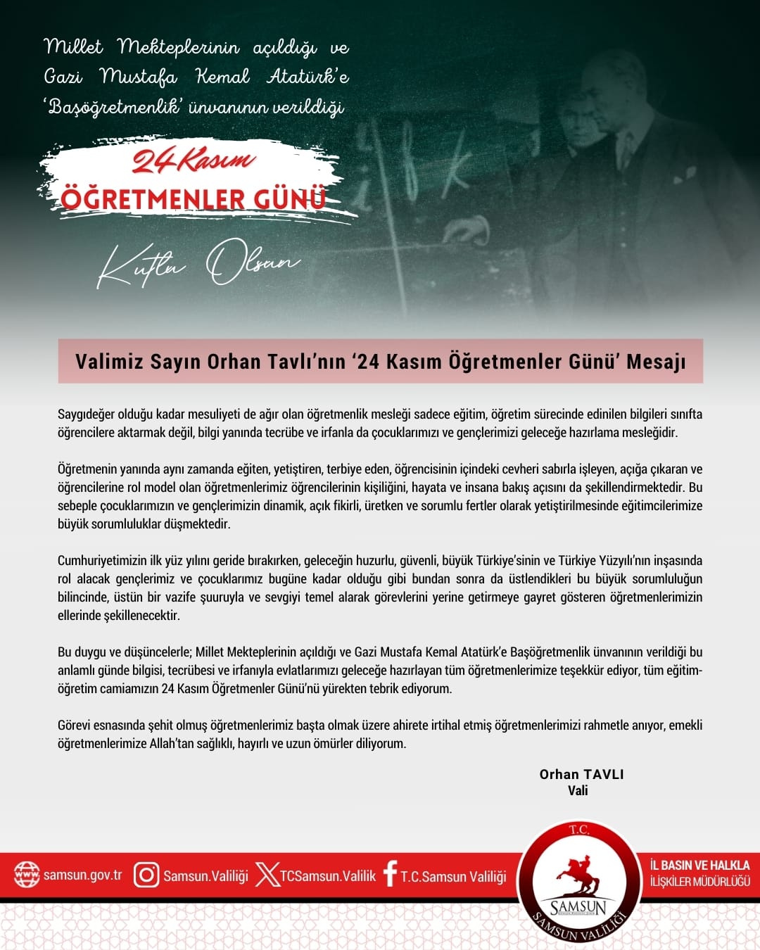 Valimiz Sayın Orhan TAVLI’nın '24 Kasım Öğretmenler Günü' Mesajı